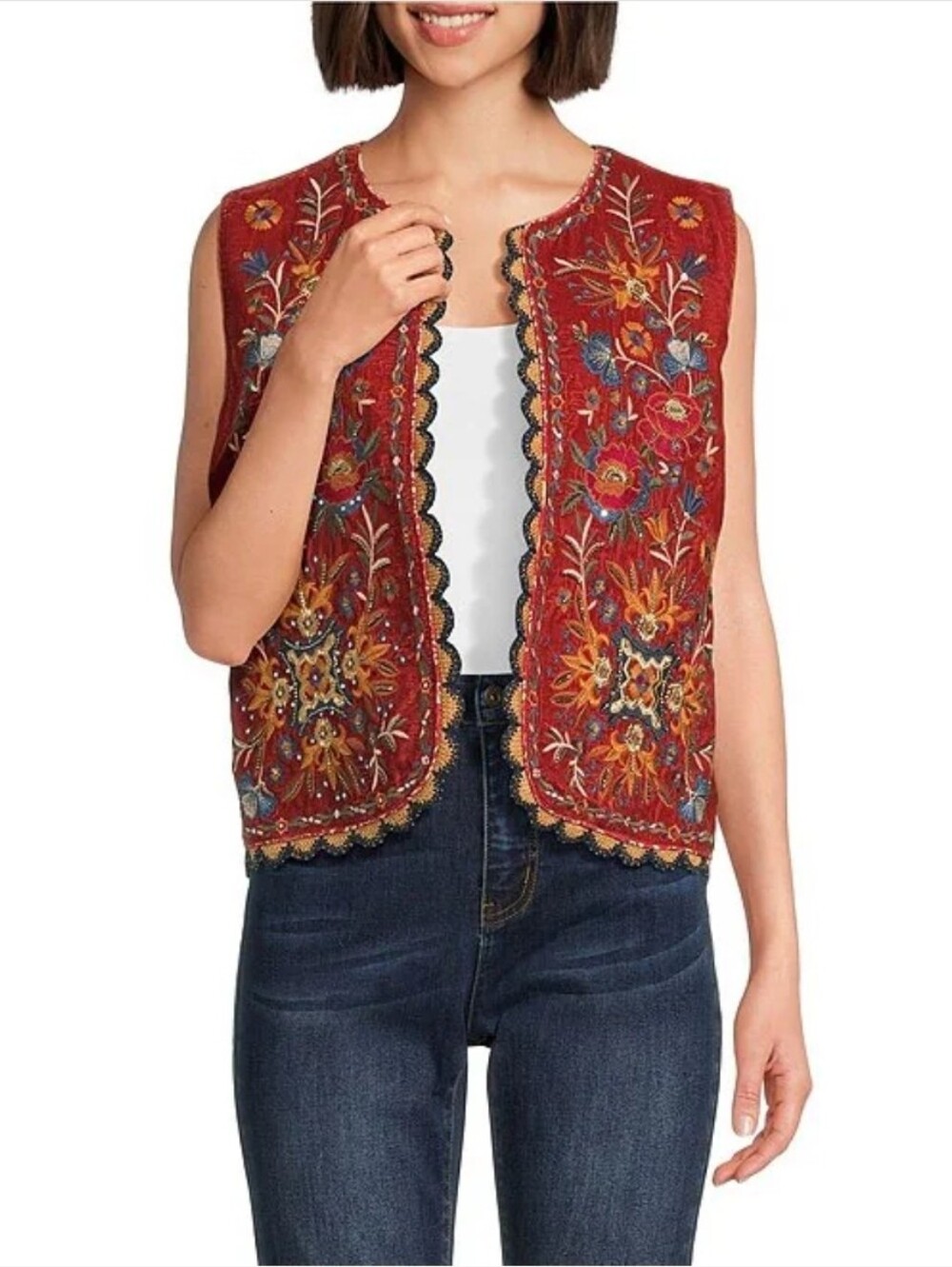 John Mark Embroidered Velvet Beaded Floral And Patchwork Plaid Open Front Vest - Picture 1 of 6